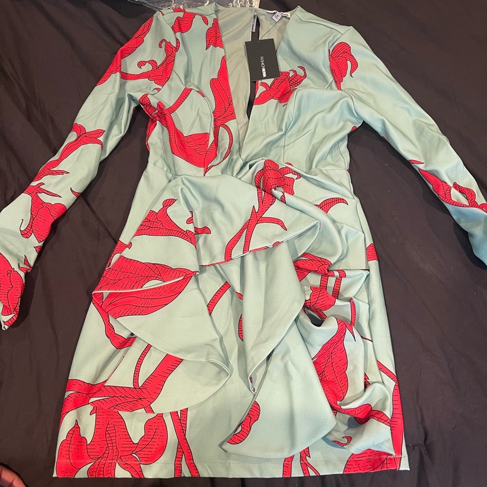 Floral Sage & Red Mini Dress